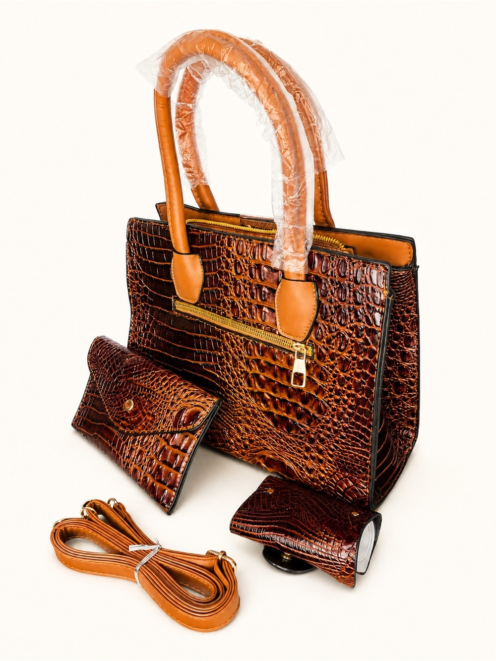Croc-Embossed Brown Satchel with Matching Wallet and Strap